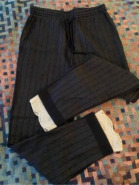 Black Drawstring Pants Sheer Layered with Eyelet Lace Trim Size 36 Dark Romantic